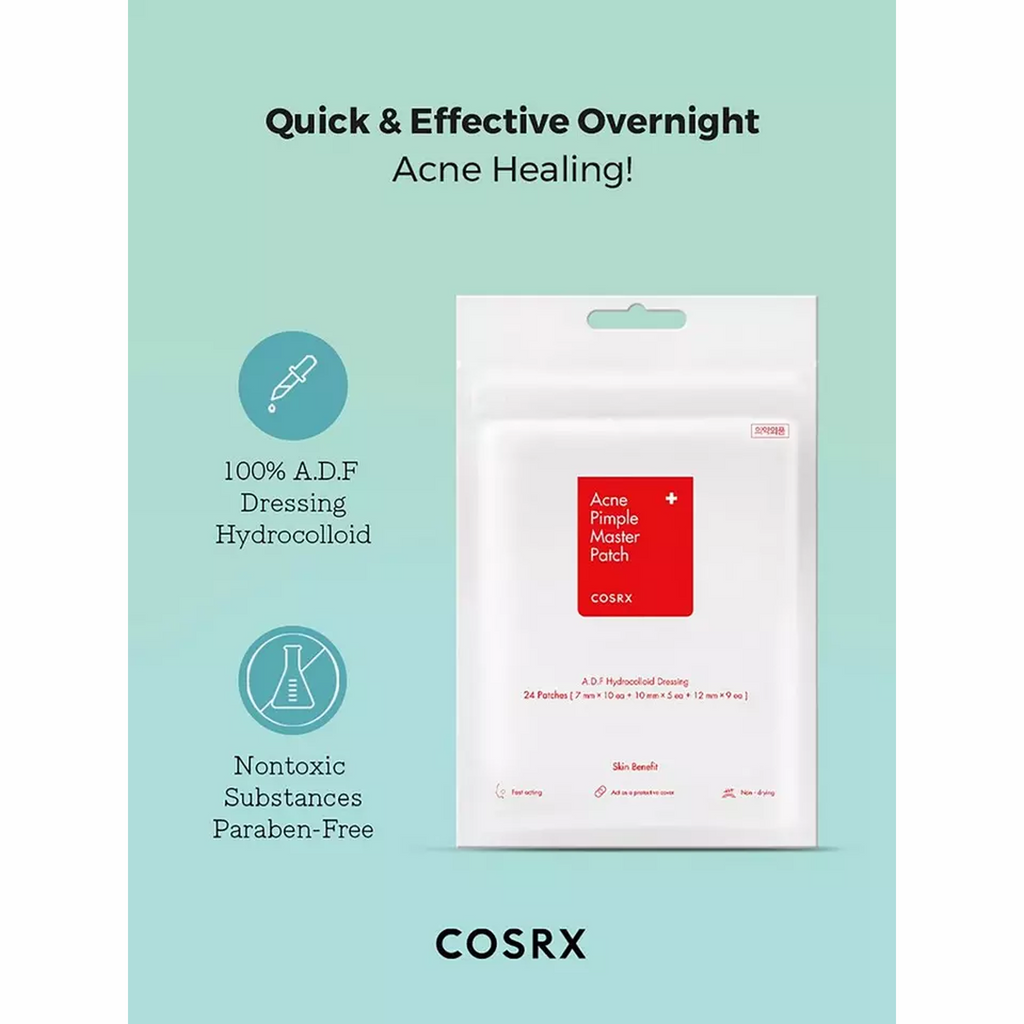 Pack of Cosrx Acne Pimple Master Patch, 24 ultra-thin hydrocolloid patches with tea tree oil blend for acne treatment.