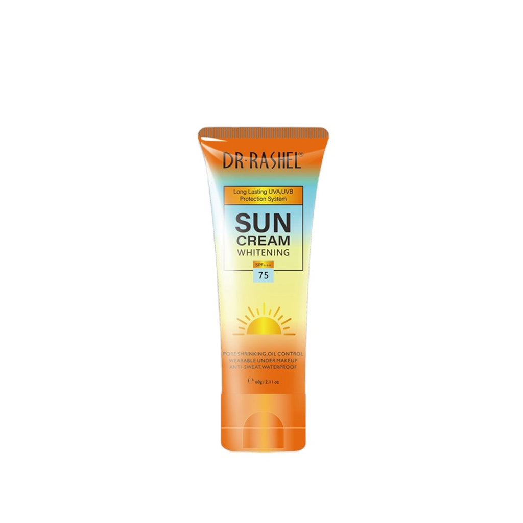 Bottle of Dr. Rashel Sun Cream Whitening SPF+++75 with niacinamide Vitamin B3 and hyaluronic acid, suitable for all skin types.
