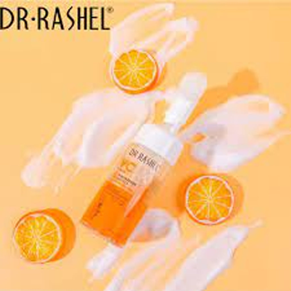 Bottle of Dr.Rashel Vitamin C Cleansing Foam Face Wash with text "Vitamin C Cleansing Foam Face Wash - Brightening and Pore Clarifying Cleanser