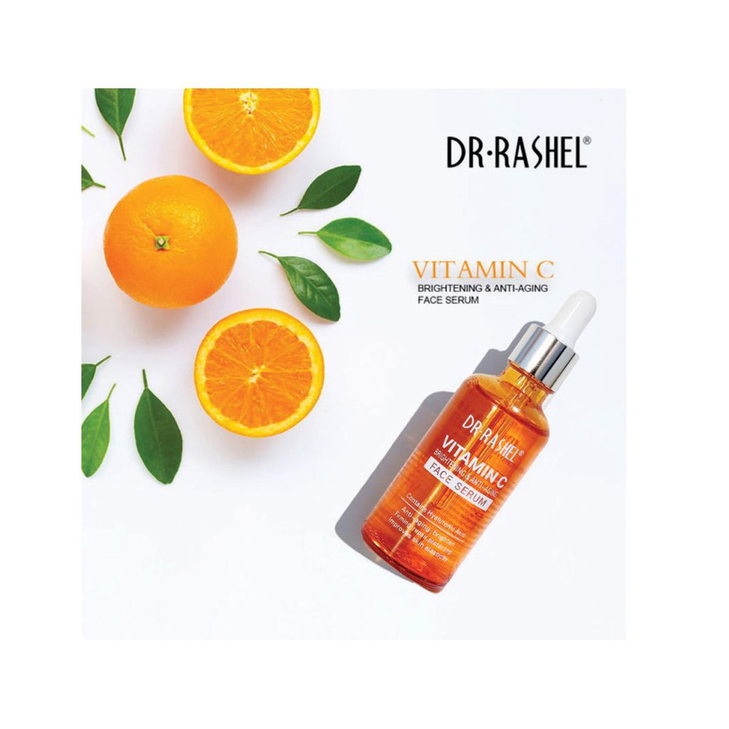 Bottle of Dr.Rashel Vitamin C Face Serum, 50ml, with ingredients visible, placed on an orange surface.