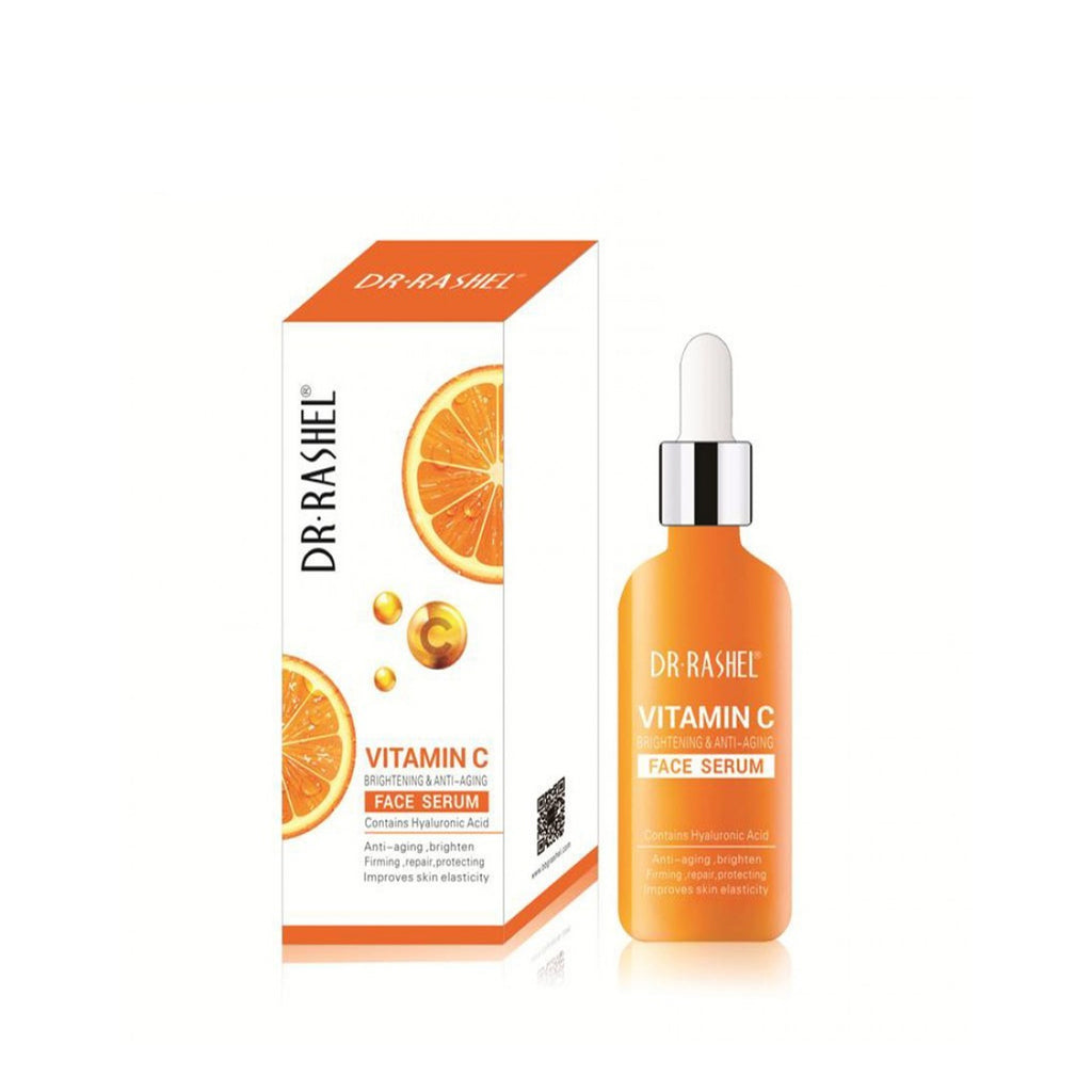 Bottle of Dr.Rashel Vitamin C Face Serum, 50ml, with ingredients visible, placed on an orange surface.