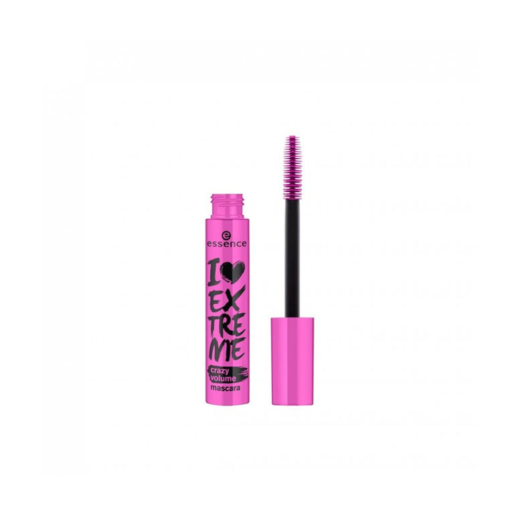 Essence, I Love Extreme Crazy Volume Mascara (Pink) - Pink tube of mascara with applicator brush.