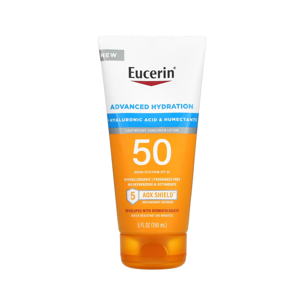 Eucerin Advanced Hydration SPF 50 Sunscreen Lotion - Pump bottle of sunscreen with Eucerin logo.