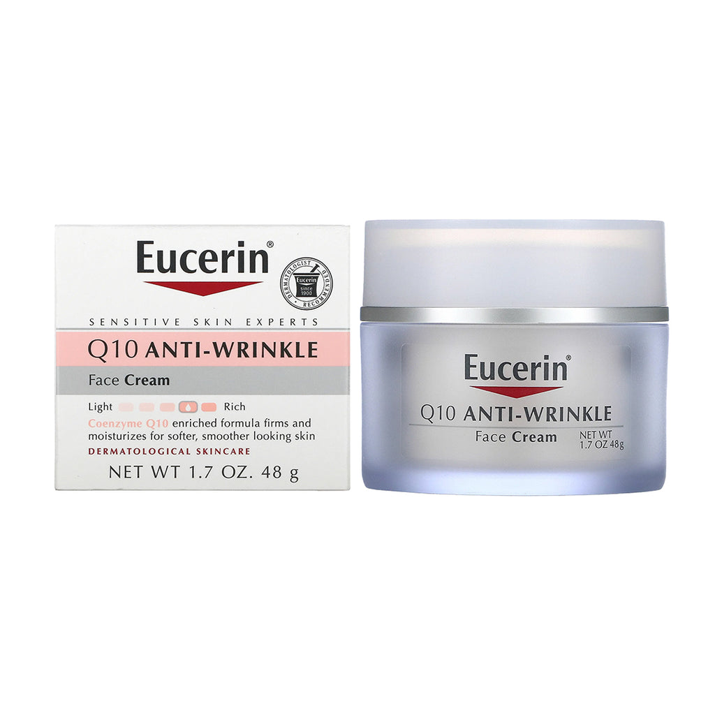 Image showing Eucerin Q10 Anti-Wrinkle Face Cream 48 gm tube with Coenzyme Q10 and Vitamin E, ideal for reducing fine lines and wrinkles.