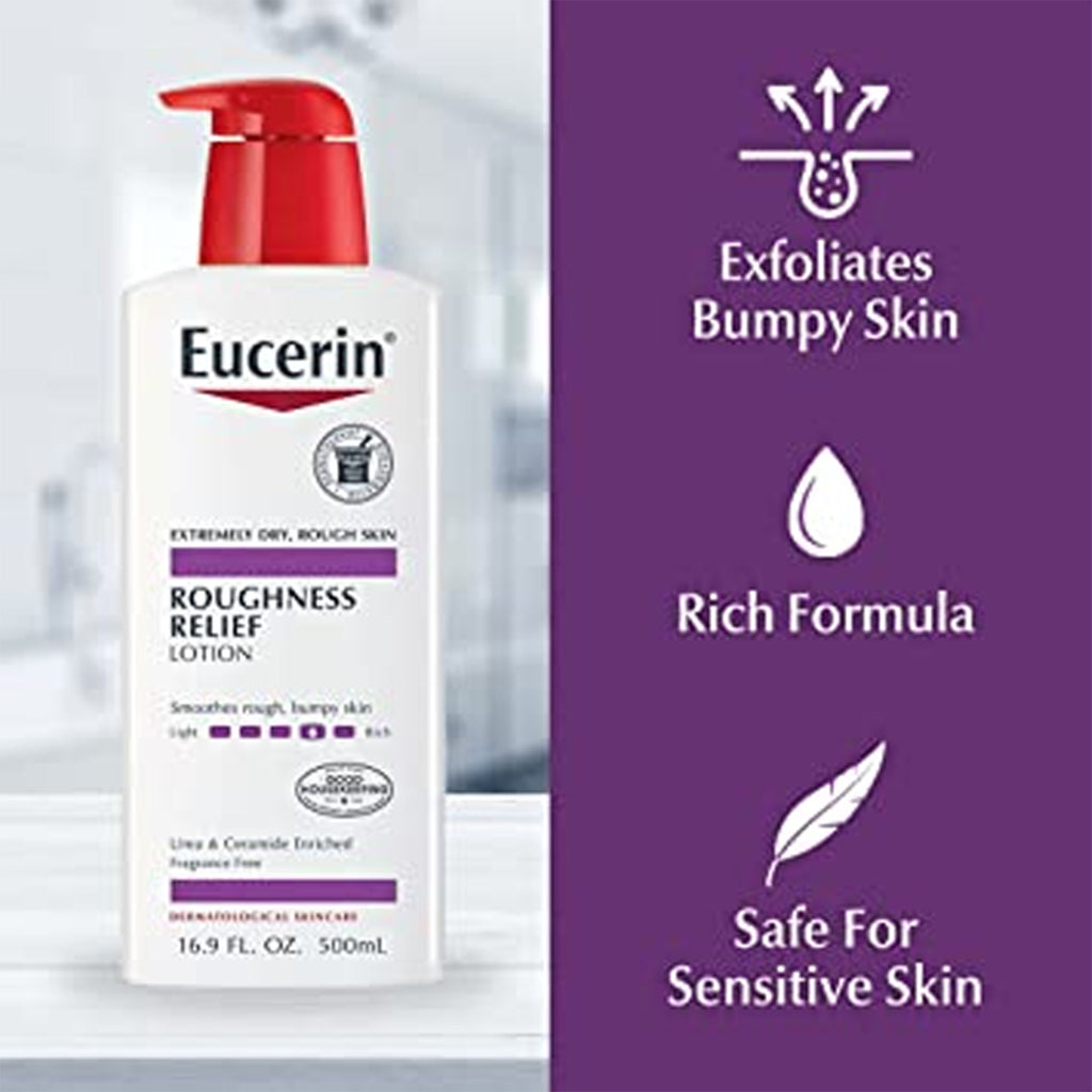 Eucerin Roughness Relief Lotion - Provides 48 hours of hydration, formulated with Urea and Natural Moisturizing Factors. Suitable for sensitive skin.