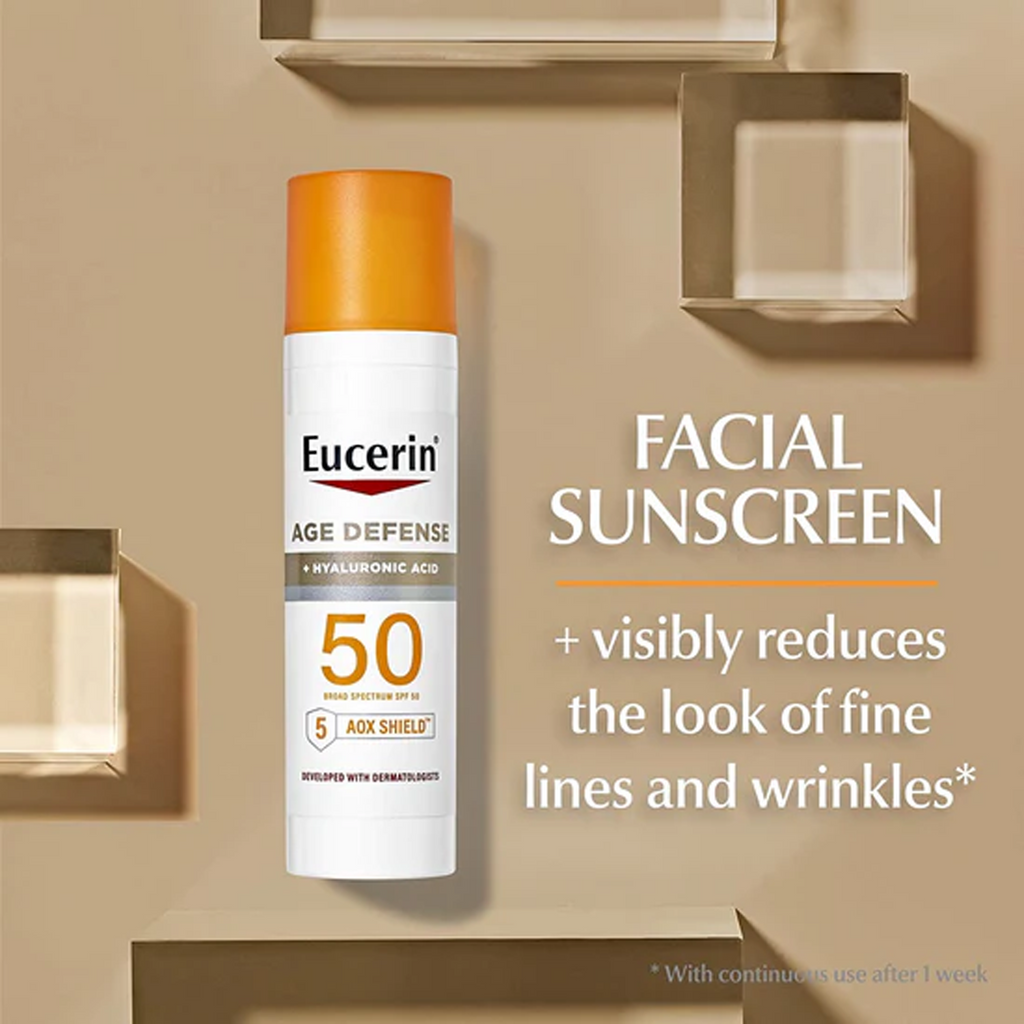 Eucerin Sun Age Defense SPF 50 Face Sunscreen Lotion - Pump bottle of sunscreen with Eucerin logo.