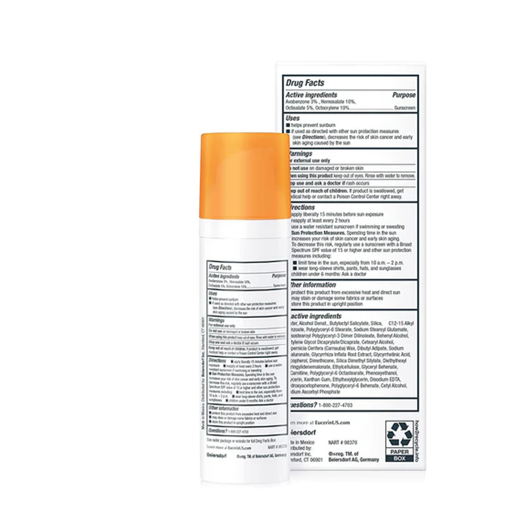 Eucerin Sun Age Defense SPF 50 Face Sunscreen Lotion - Pump bottle of sunscreen with Eucerin logo.
