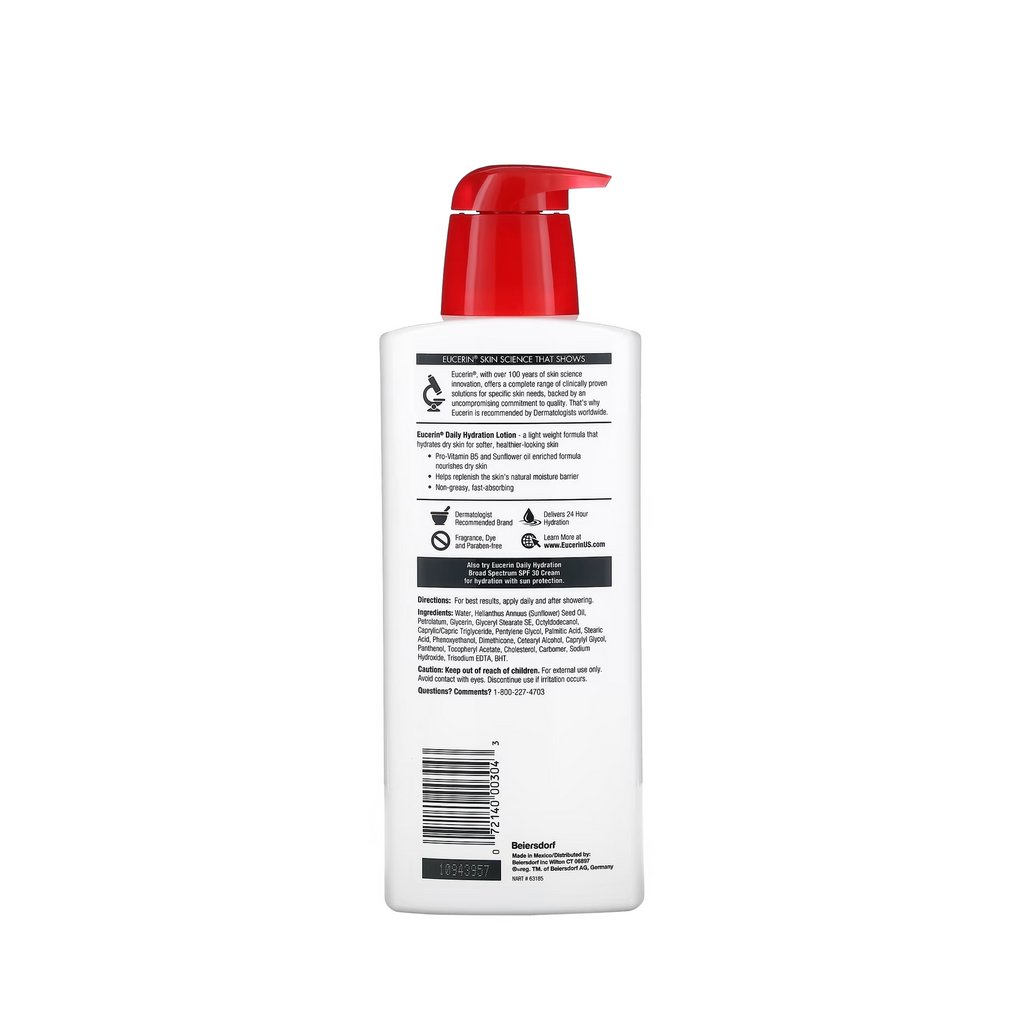 Image of Eucerin Daily Hydration Lotion bottle, a fragrance-free body moisturizer for sensitive dry skin, providing 24-hour hydration.