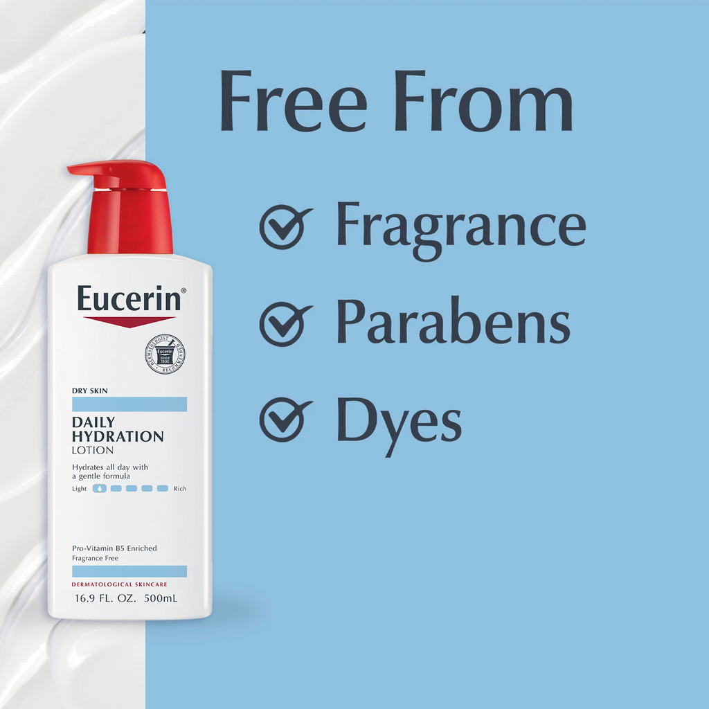 Image of Eucerin Daily Hydration Lotion bottle, a fragrance-free body moisturizer for sensitive dry skin, providing 24-hour hydration.
