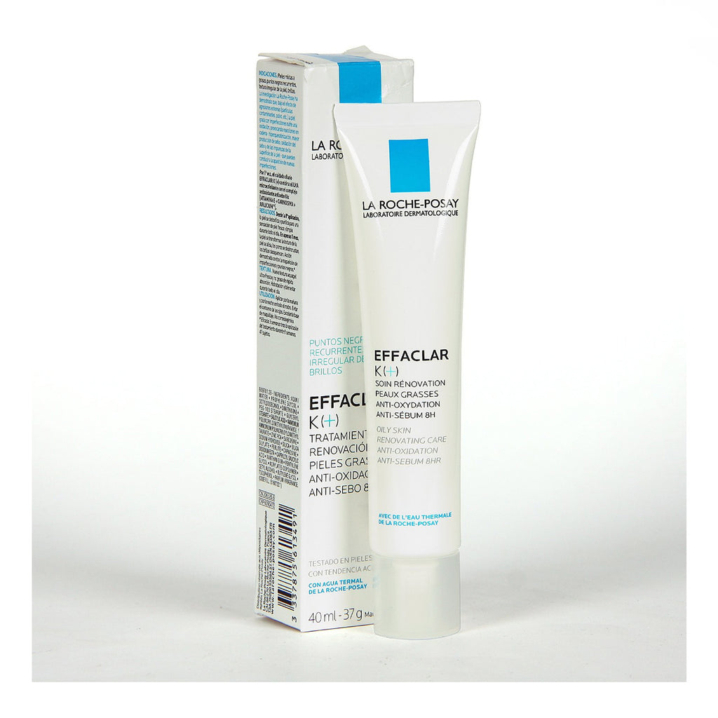 La Roche-Posay Effaclar K (+) 40ml tube with text "Renovating care for oily skin, prevents blackhead oxidation, controls shine.