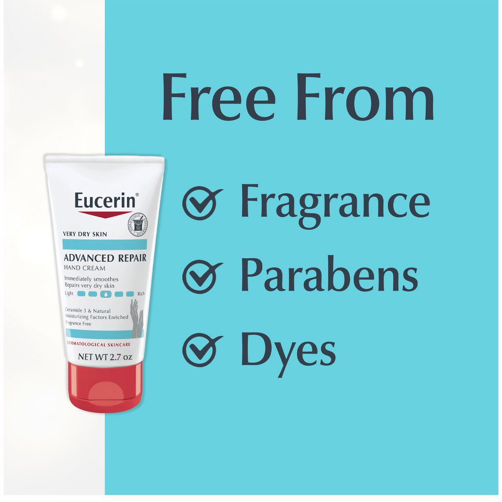 Tube of Eucerin Advanced Repair Hand Cream with Ceramide 3 and Natural Moisturizing Factors, ideal for dry, rough hands.
