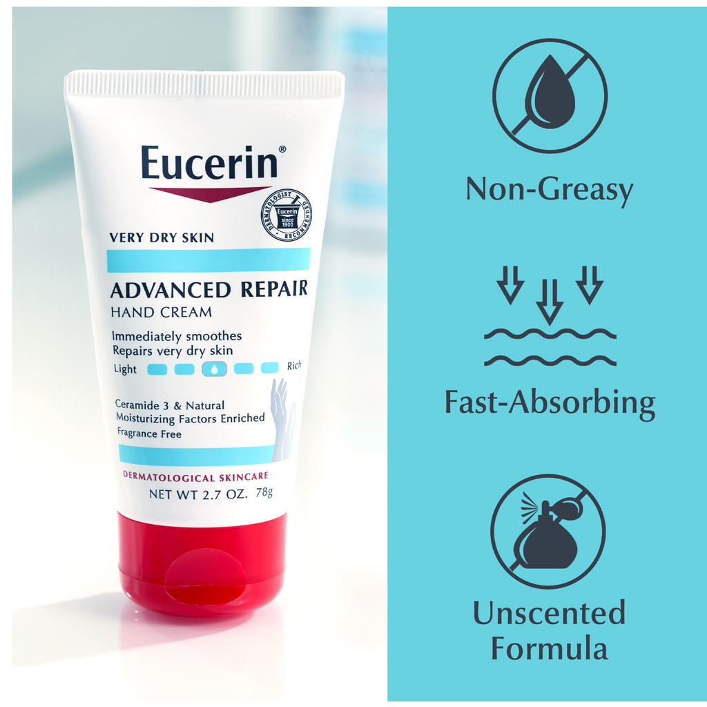 Tube of Eucerin Advanced Repair Hand Cream with Ceramide 3 and Natural Moisturizing Factors, ideal for dry, rough hands.